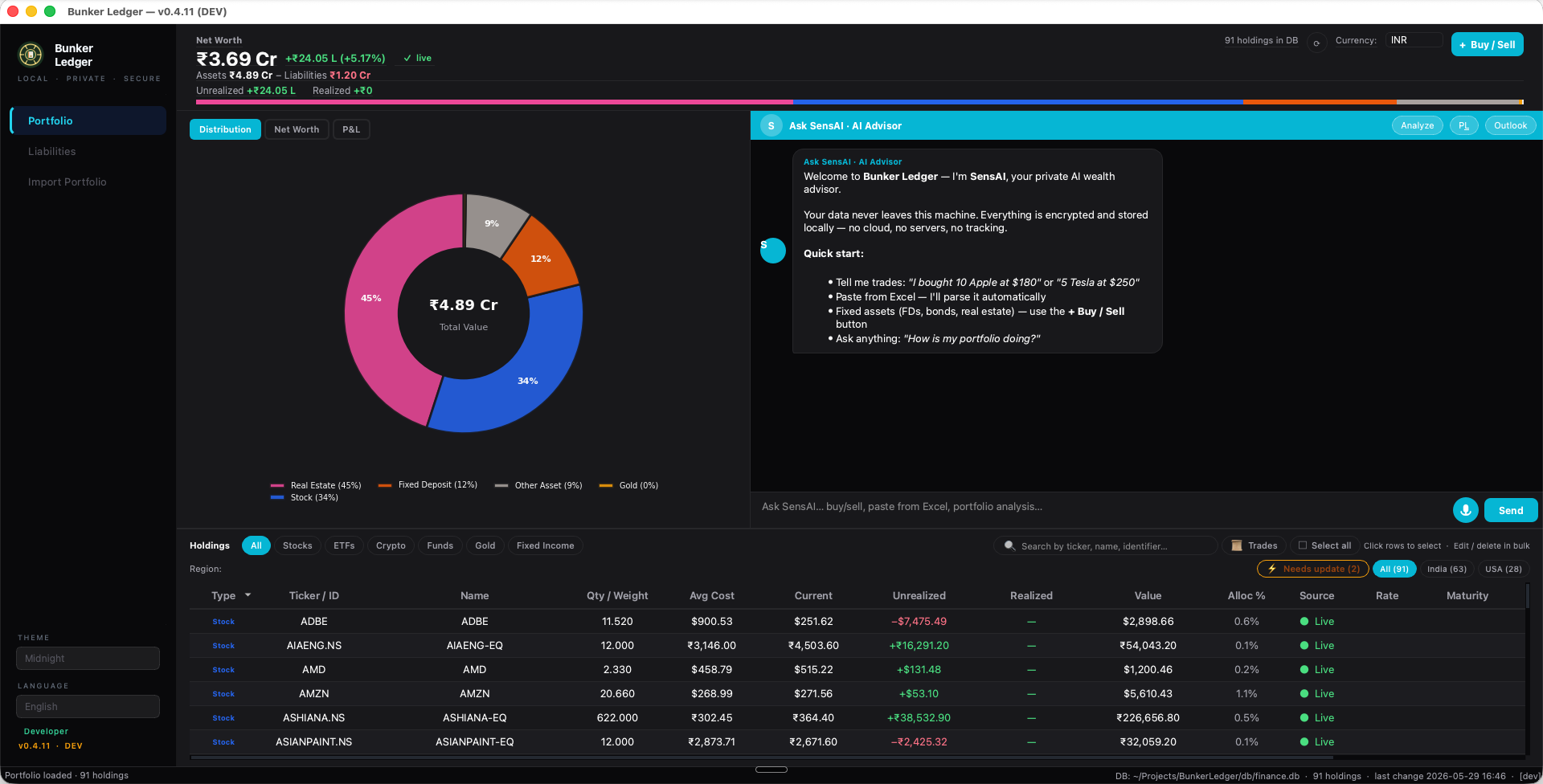 Bunker Ledger in dark theme — same portfolio with high-contrast palette