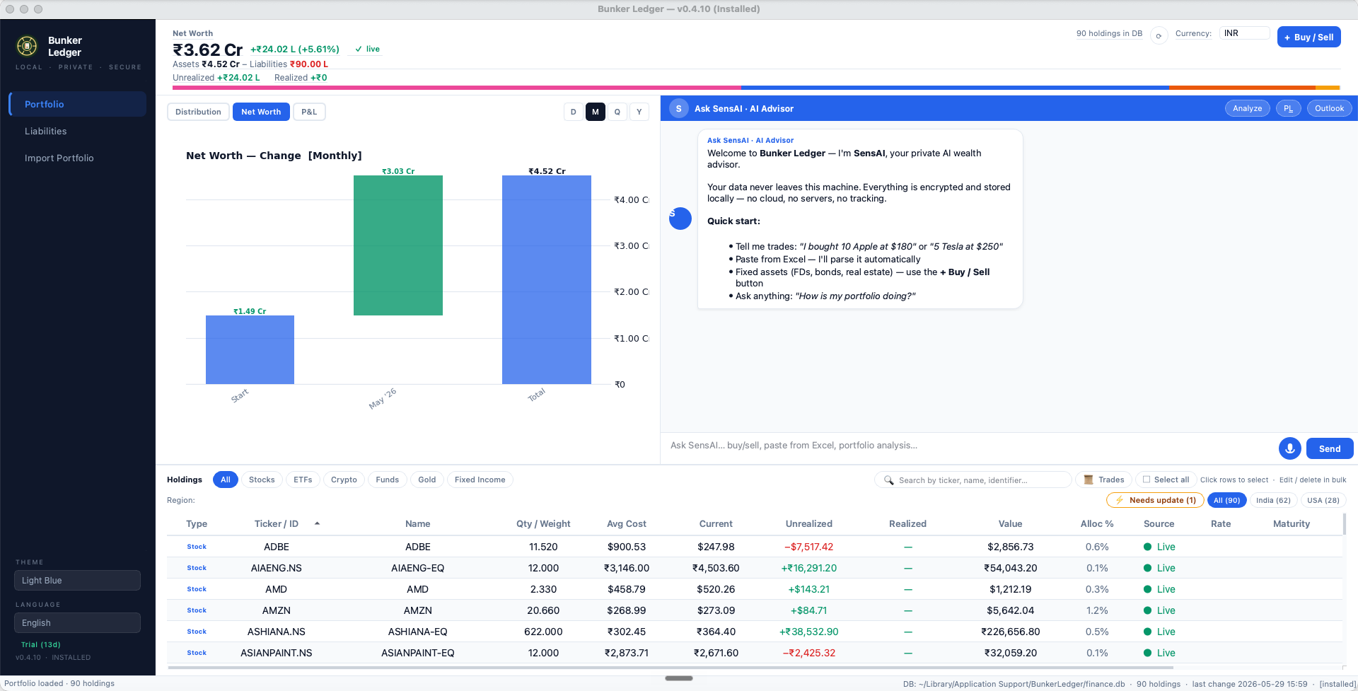 Bunker Ledger Dashboard — Net Worth chart over time with diversified Indian holdings