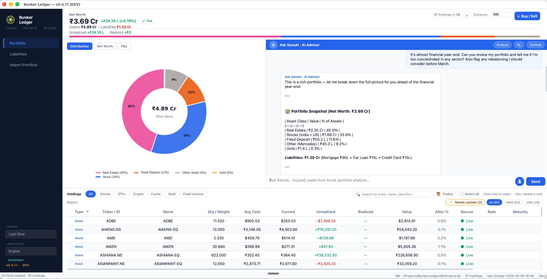SensAI Portfolio Snapshot showing Net Worth ₹3.69 Cr with Asset Class breakdown and Liabilities