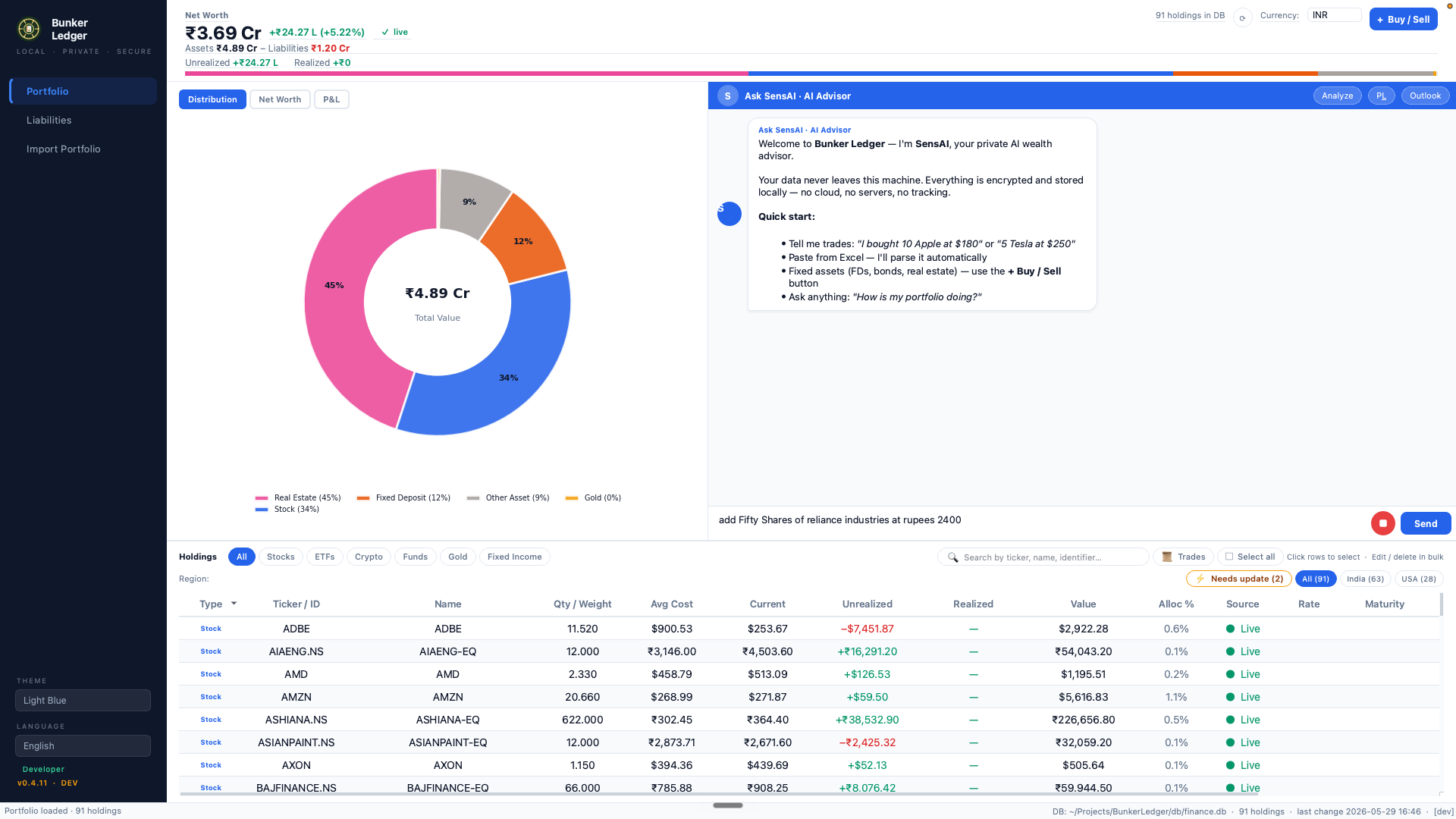 Voice input parsing 'add fifty shares of Reliance Industries at rupees 2400' into a trade